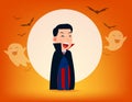 Cute Dracula character with old scythe. Halloween costume concept, Cute witch demon, Kid in Halloween celebration