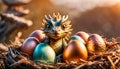 Cute dragon baby in nest with eggs outdoors with copy space