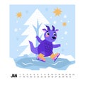 Cute Dragon cartoon mascot character. 2024 Dragon Calendar. January. Happy New Year of the Dragon. Dragon skates on an