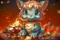 Cute Dragon Creature Collecting Coins in Autumn Setting