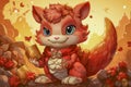 Cute Dragon Creature Collecting Coins in Autumn Setting
