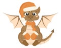 Cute dragon dressed in Santa Claus hat, scarf and mittens in cartoon style