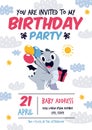 Cute dragon kids birthday invitation. Cartoon happy dinosaur holds gift and air balloons, holiday party card, funny