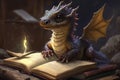 cute dragon sitting on book, reading with its claws