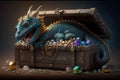 cute dragon sleeping on treasure chest, with view of glittering jewels