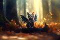 Cute dragoncat, a hybrid of cat and dragon, photorealistic monster mutant on blurred forest background