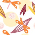 Cute dragonfly, dandelion and leaves seamless pattern. Naive art. Flying insect print pattern Royalty Free Stock Photo