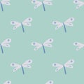 Cute dragonfly seamless pattern on green background. Dragonflies wallpaper. Scandinavian style