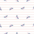 Cute dragonfly seamless vector pattern. Light pink and blue insect beetle print on white striped background.