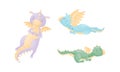 Cute Dragons as Horned and Winged Four-legged Creature from Fairytale Vector Set