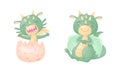 Cute Dragons as Horned and Winged Four-legged Creature from Fairytale Vector Set