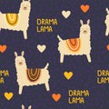 Cute drama lama lettering seamless pattern on blue background in hand drawn flat style