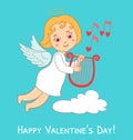 Cute cartoon cupid with harp on blue. Valentine`s Day card