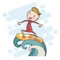 cute drawing surf boy on surfboard floating on big wave Royalty Free Stock Photo