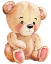 Cute drawing teddy bear toy, animal on isolated white background. Watercolor hand drawn illustration Royalty Free Stock Photo