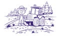 Cute drawn farmer man in a hat near the tractor in the field. Farmer and tractor in the field vector linear illustration for