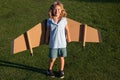 Cute dreamer boy playing with a cardboard airplane. Childhood. Fantasy, imagination. Royalty Free Stock Photo