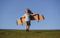 Cute dreamer boy playing with a cardboard airplane on sky. Childhood. Fantasy, imagination. Royalty Free Stock Photo