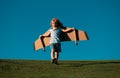 Cute dreamer boy playing with a cardboard airplane on sky. Childhood. Fantasy, imagination. Royalty Free Stock Photo