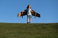 Cute dreamer kid boy playing with a cardboard airplane. Childhood. Fantasy, imagination. Happy child playing outdoor. Royalty Free Stock Photo