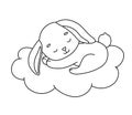 Cute dreaming bunny on cloud. Cartoon hand drawn vector outline illustration for coloring book. Line baby animal