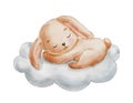 Cute dreaming bunny on cloud. Cartoon hand drawn watercolor illustration. Baby animal