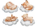 Cute dreaming bunny, deer, fox and bear on cloud. Cartoon hand drawn watercolor illustration. Baby animals set Royalty Free Stock Photo