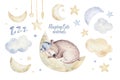 Cute dreaming cartoon animal hand drawn watercolor illustration. Sleeping charecher kids nursery wear fashion design