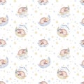 Cute dreaming cartoon animal hand drawn watercolor seamless pattern. Sleeping charecher kids nursery wear fashion design Royalty Free Stock Photo