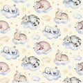 Cute dreaming cartoon animal hand drawn watercolor seamless pattern. Sleeping charecher kids nursery wear fashion design Royalty Free Stock Photo