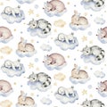 Cute dreaming cartoon animal hand drawn watercolor seamless pattern. Sleeping charecher kids nursery wear fashion design Royalty Free Stock Photo