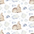 Cute dreaming cartoon animal hand drawn watercolor seamless pattern. Sleeping charecher kids nursery wear fashion design Royalty Free Stock Photo