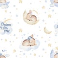 Cute dreaming cartoon animal hand drawn watercolor seamless pattern. Sleeping charecher kids nursery wear fashion design, baby