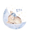 Cute dreaming cartoon deer animal hand drawn watercolor illustration. Sleeping charecher kids nursery wear fashion