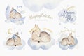 Cute dreaming cartoon deer animal hand drawn watercolor illustration. Sleeping charecher kids nursery wear fashion