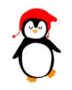 Cute dreaming dancing penguin in knitted red cap in cartoon style. Isolated On white background. Vector Royalty Free Stock Photo