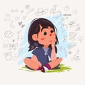 Cute dreaming girl. Young girl sitting on ground and thinking of