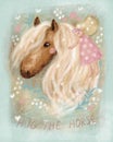 Cute dreaming romantic horse with flowers and a little girl, with the inscription hug the horse. Royalty Free Stock Photo