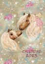 Cute dreaming romantic horses with a little girl. Calendar 2023 cover