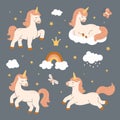 Cute dreaming unicorn set. Vector characters with clouds, stars, rainbow