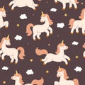 Cute dreaming unicorns seamless pattern. Vector background with clouds and stars