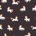 Cute dreaming unicorns seamless pattern. Vector background with magic ponies