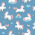 Cute dreaming unicorns seamless pattern. Vector sky background with clouds, rain, rainbow and stars Royalty Free Stock Photo