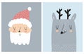 Cute Dreamy Deer and Funny Santa Claus Isolated on a Blue and Gray Background.