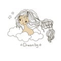 Cute dreamy girl with long hair among the clouds.