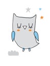 Cute Dreamy Owl. Nursery Vector Illustration with Lovely Gray Owl.