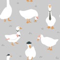 Cute dressed geese seamless pattern. Goose in a hat, tie, scarf, and with umbrella. Funny vector background