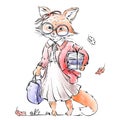 Cute dressed up fox in glasses with a school bag and books in autumn. Charming animal in clothes.