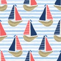 Cute driftwood sailboat on the blue ocean sea pattern. Marine water stripes seamless vector background. Sailing vessel