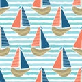 Cute driftwood sailboat on the blue ocean sea pattern. Marine water stripes seamless vector background. Sailing vessel for